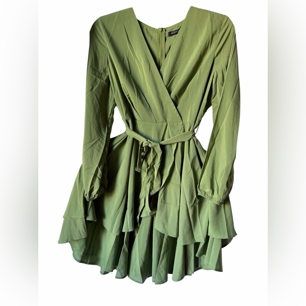 kojooin Olive Green Long Sleeve Tiered Wrap Mini Dress Flowy Ruffles Coquette